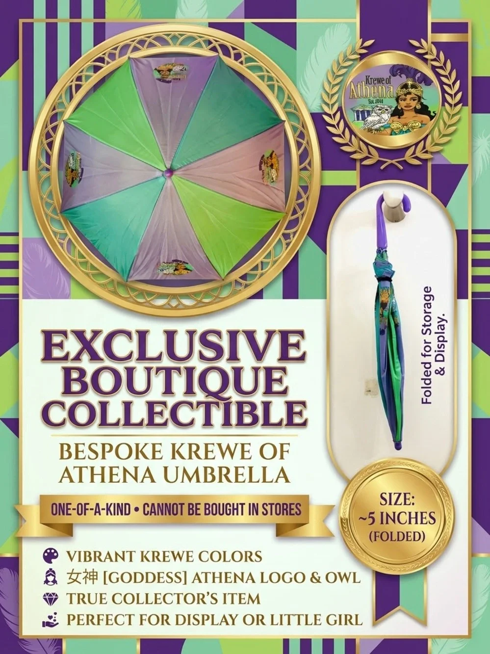 NEW Bespoke Krewe of Athena Mardi Gras Umbrella – OOAK Collectible